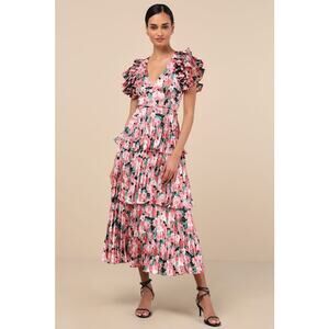 NWT Lulus Stunning Desire Pink Floral Satin Pleated Tiered Midi Dress Size XL